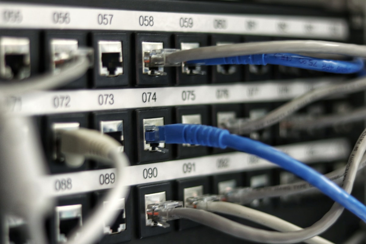 Blaue Netzwerkkabel in einem Switch für stabile Verbindungen