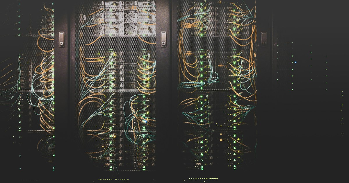 Illuminated server racks inside a data center