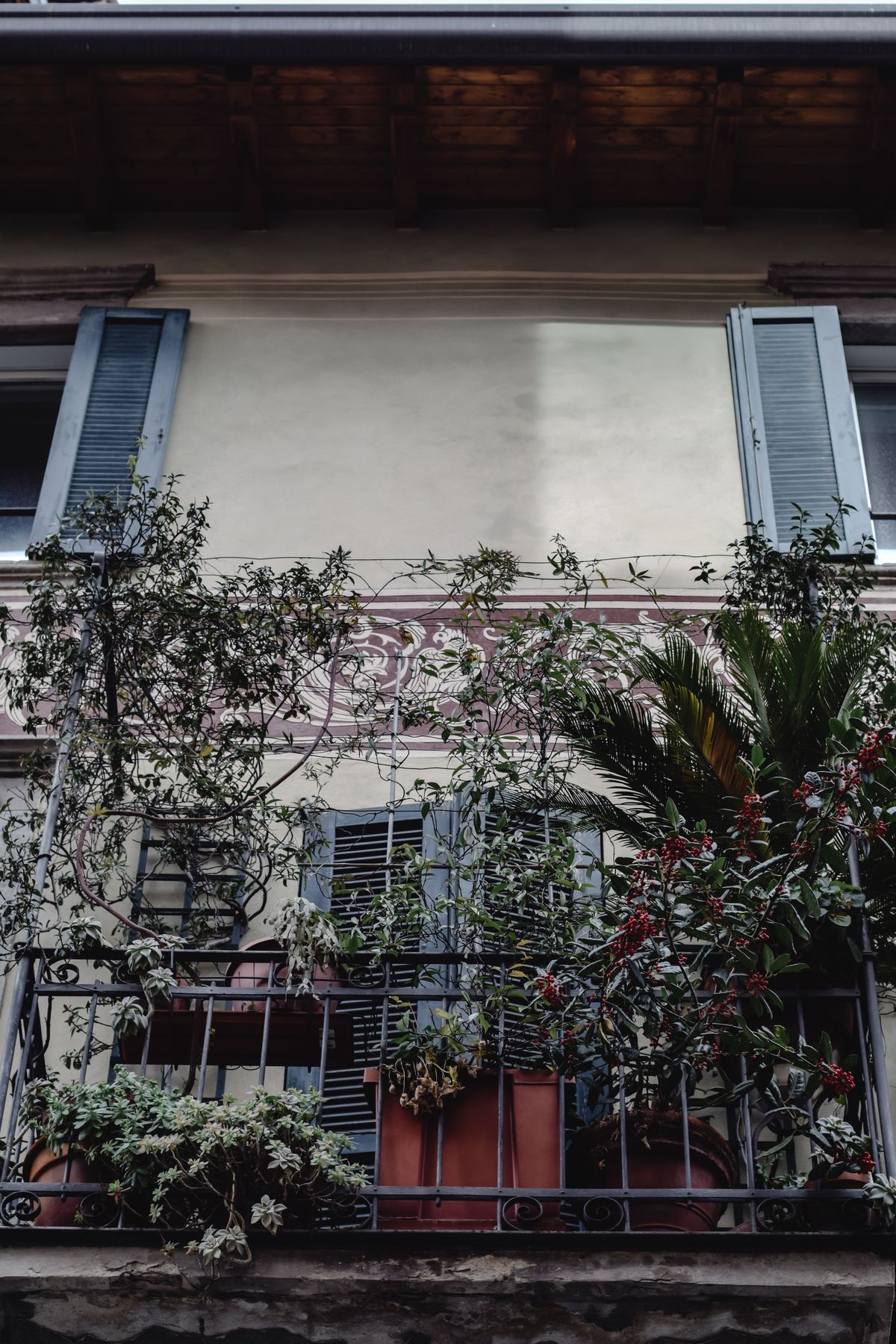 A Mediterranean-style balcony filled with lush potted plants against a classic building facade