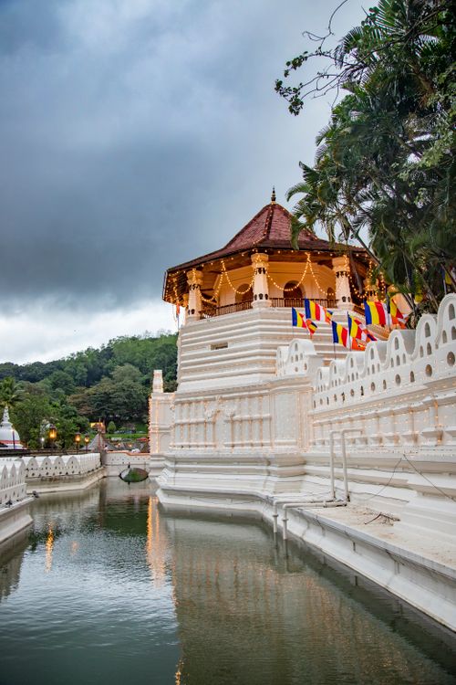 A Buddhist temple set among lush greenery in Sri Lanka