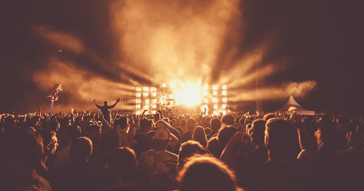 Silhouette of a concert crowd with dramatic stage lighting at a live performance