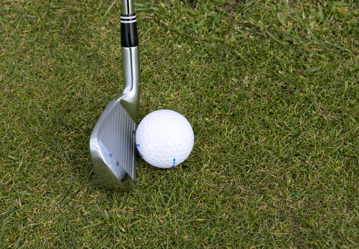 A lush green golf fairway lined with trees under a clear sky