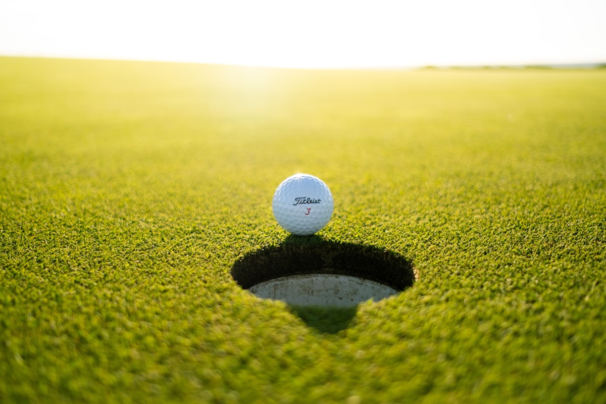 Lush green golf course fairways surrounded by tropical trees on a sunny day