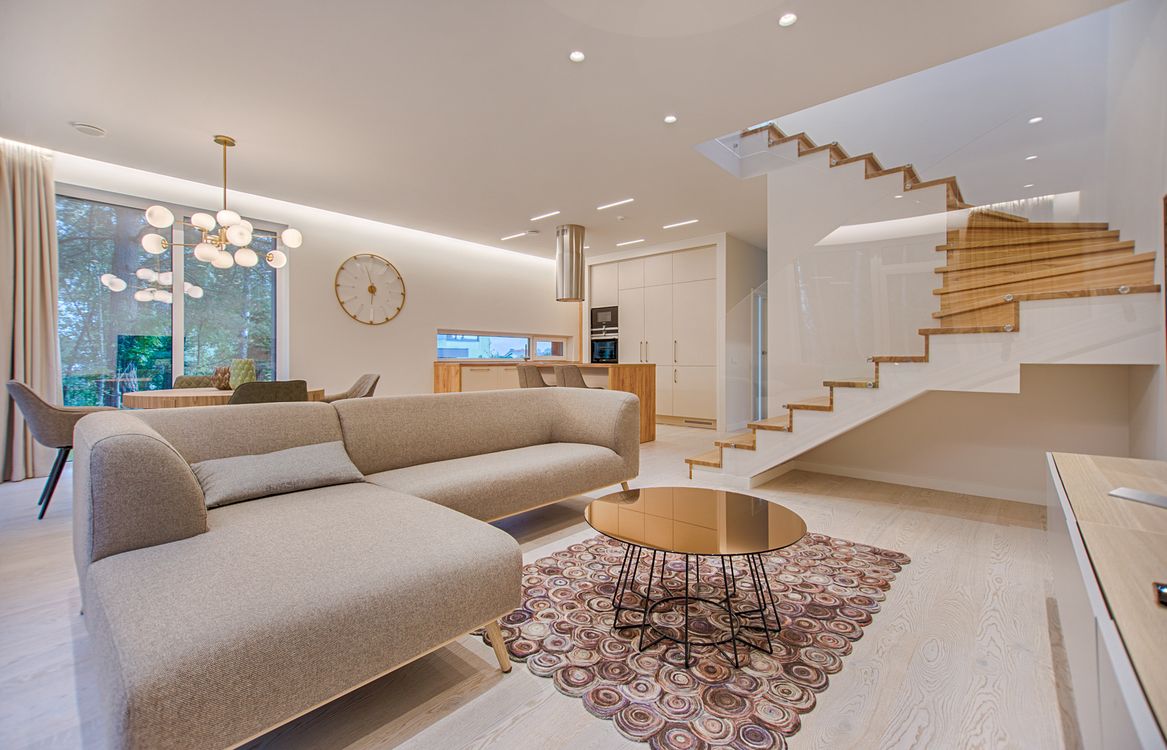 Modern living room with a wooden coffee table and mixed-material furniture