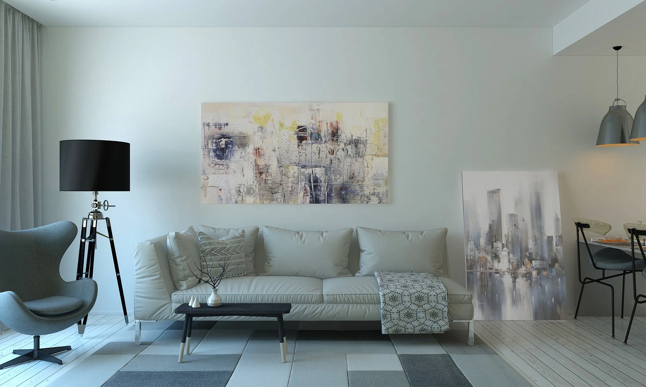 Contemporary living room interior with a plush sofa and minimalist decor in neutral tones