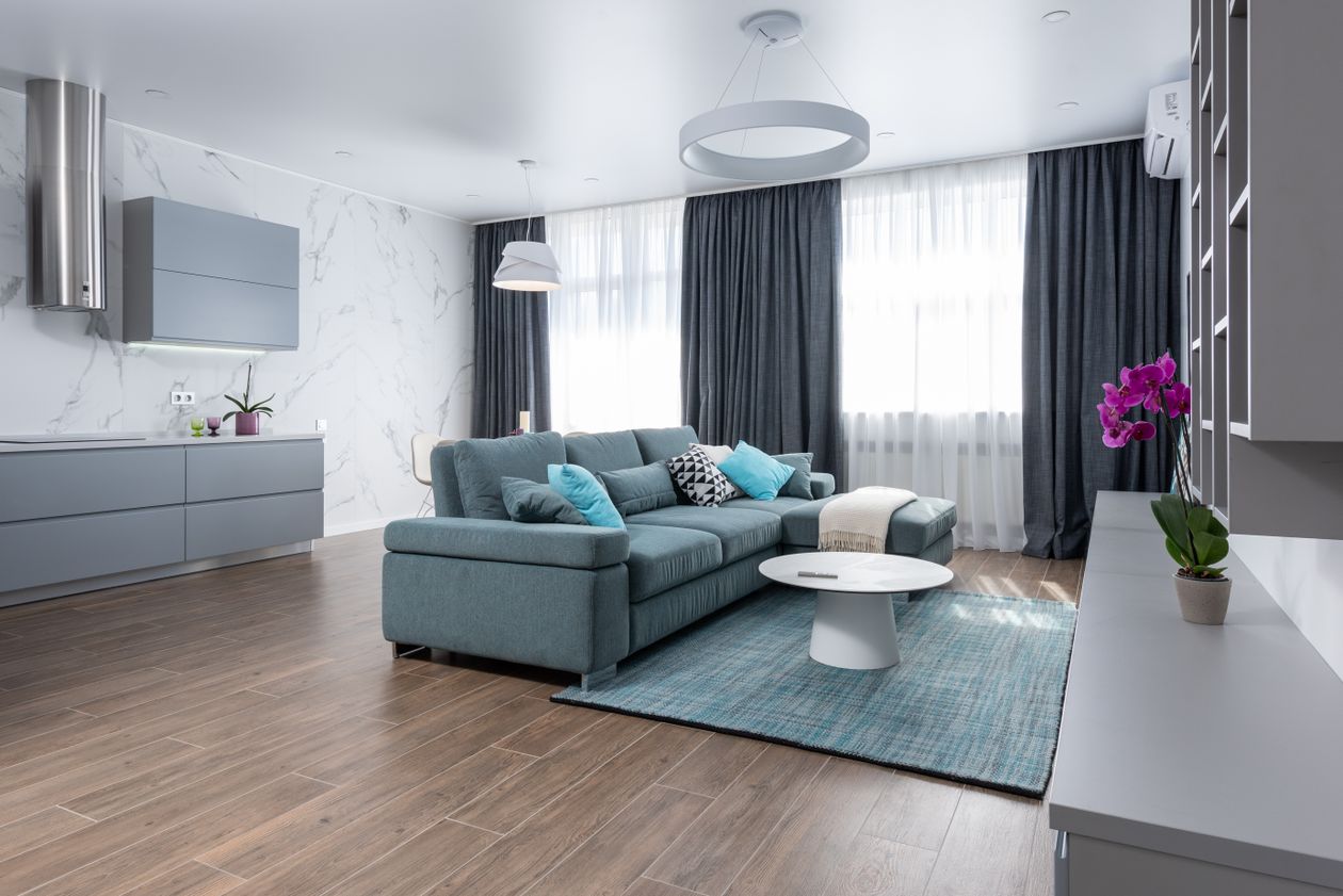 Contemporary designer sofa in a stylish minimalist living room