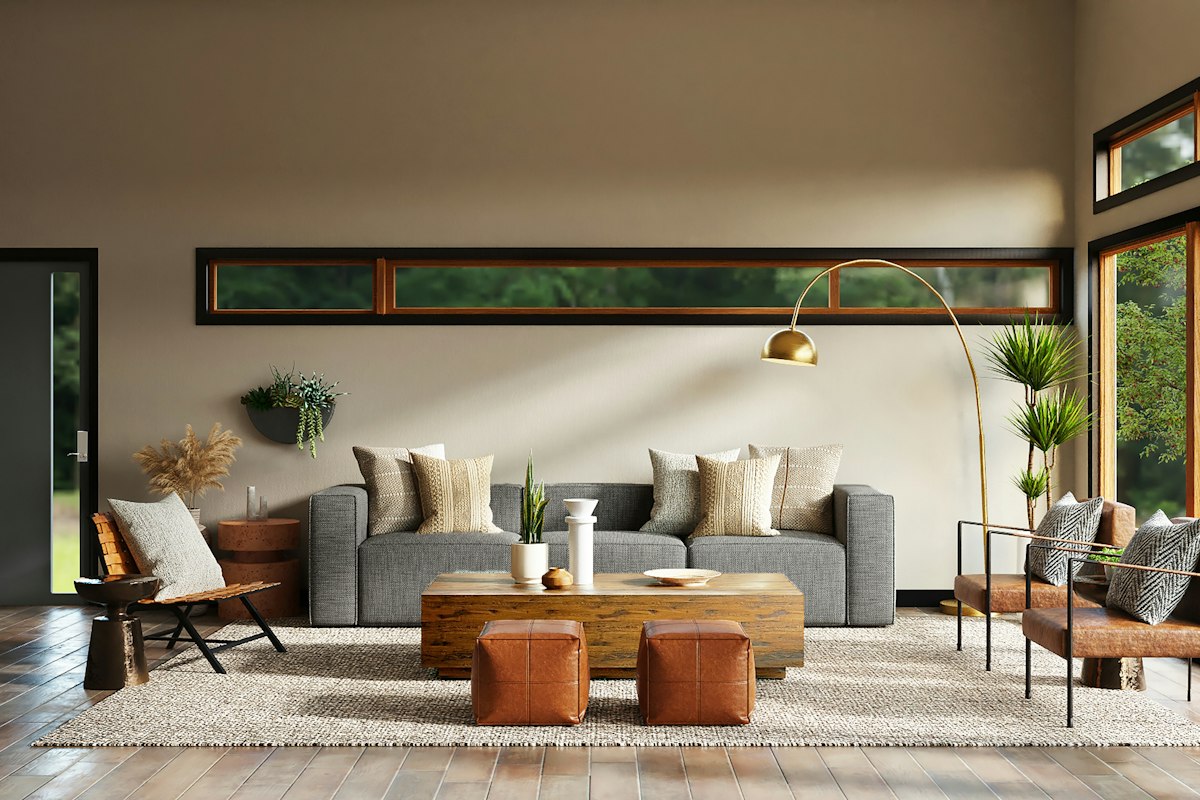 Contemporary interior with a statement armchair as the anchor piece and coordinating decor accessories