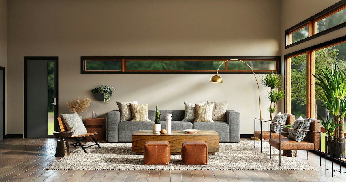 Modern living room with a contemporary sectional sofa and minimalist decor