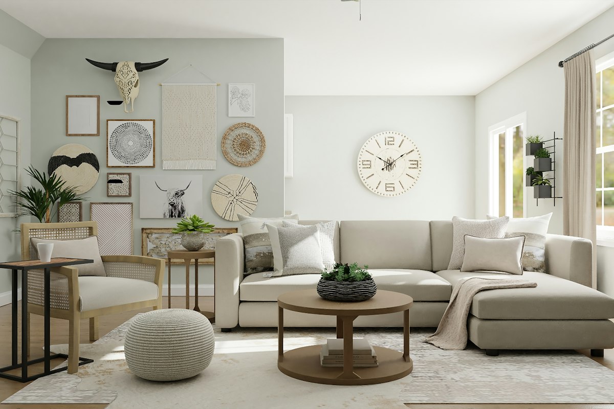 Elegantly styled living room with a balanced furniture arrangement, plants and decorative accents