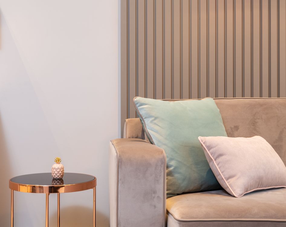 Comfortable couch and coffee table in a modern living room
