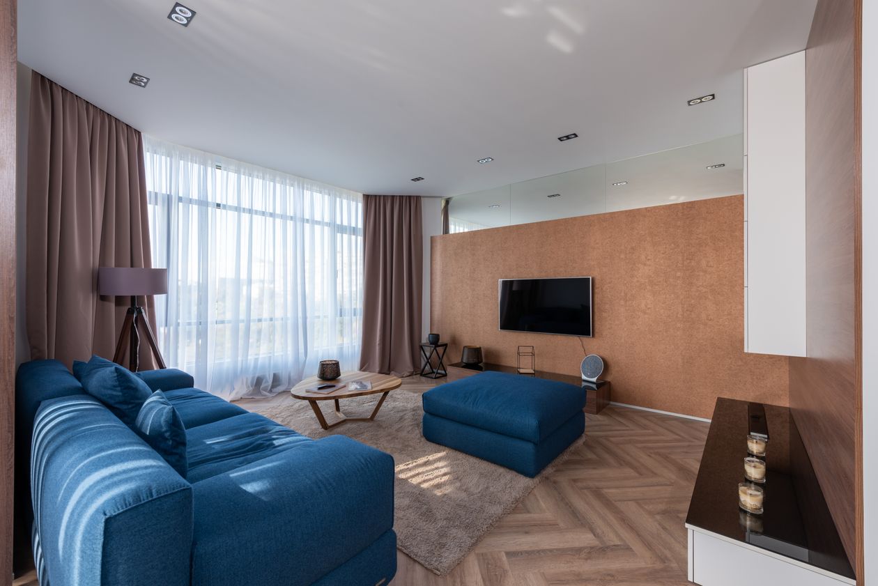 Modern living room with a contemporary sofa and natural light