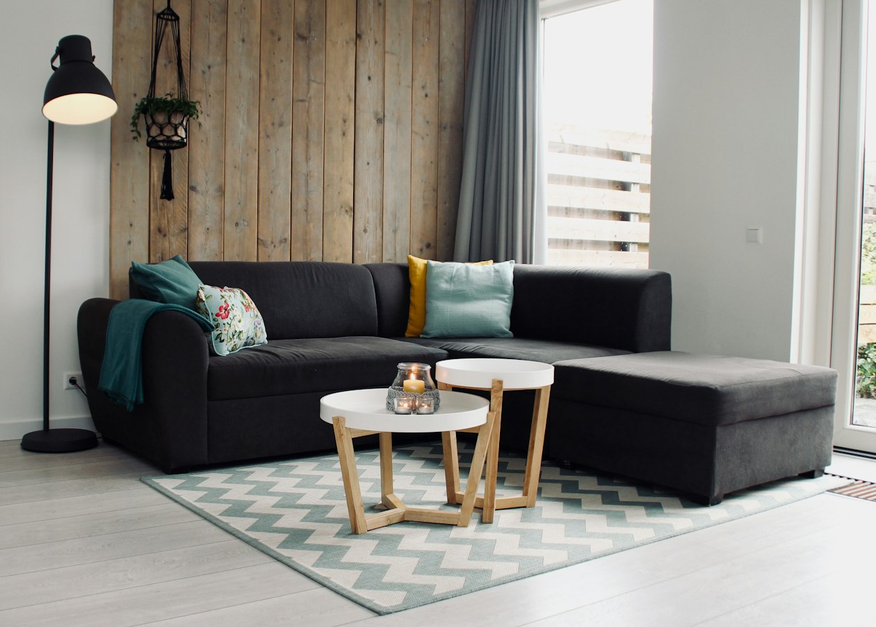Modern living room interior with sofa and natural light