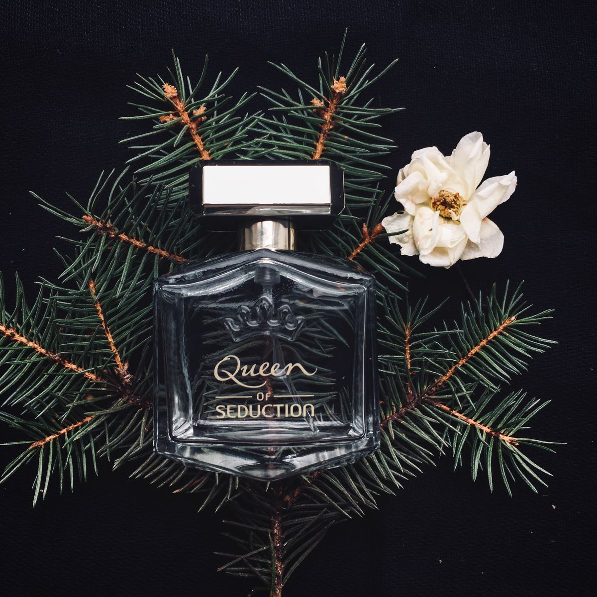 Flacon de parfum en verre posé sur des feuilles vertes et une fleur blanche