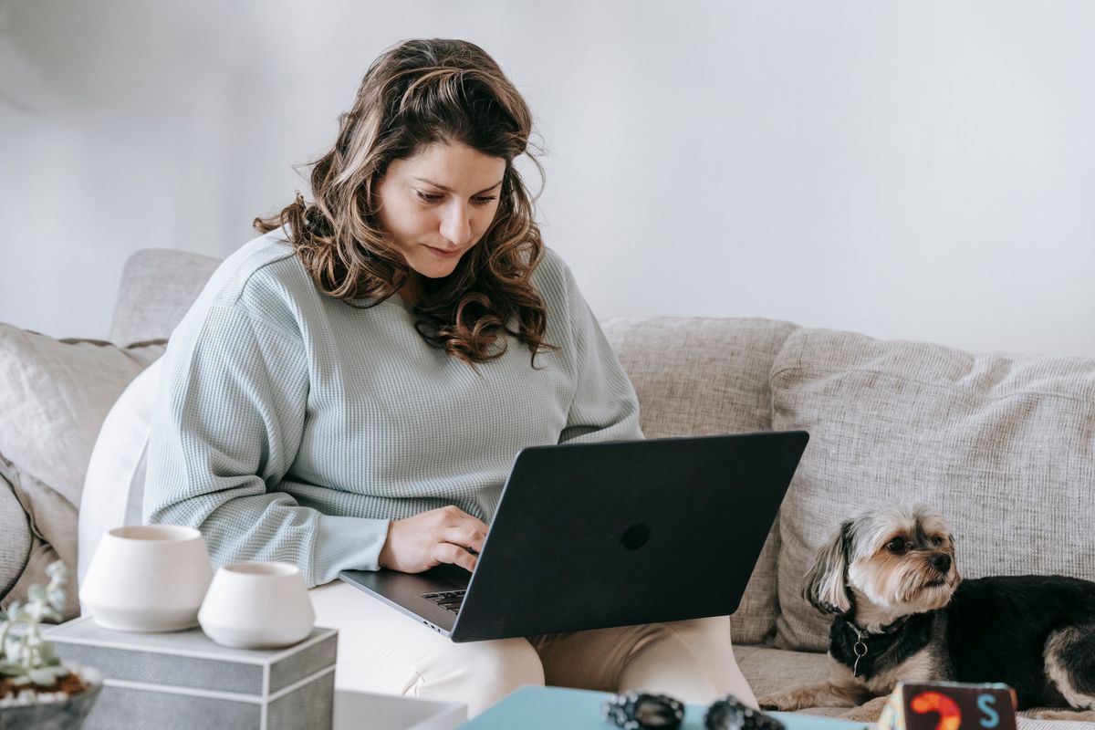 Person plant am Netbook, ein kleiner Hund liegt daneben