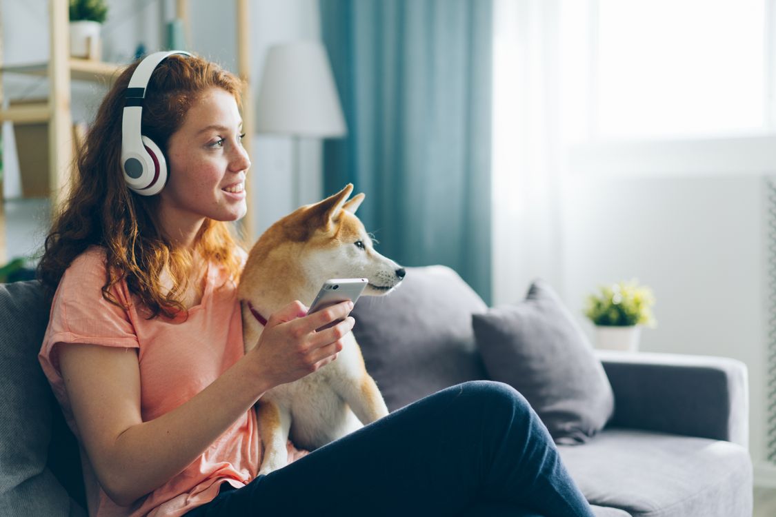 Frau mit Kopfhoerern sitzt mit ihrem Hund auf dem Sofa und tippt am Smartphone