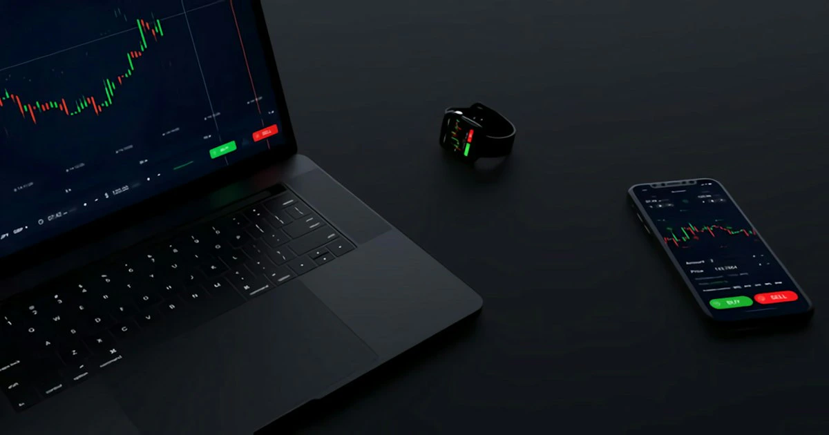 Financial trading charts displayed on laptop and tablet screens with price movement graphs
