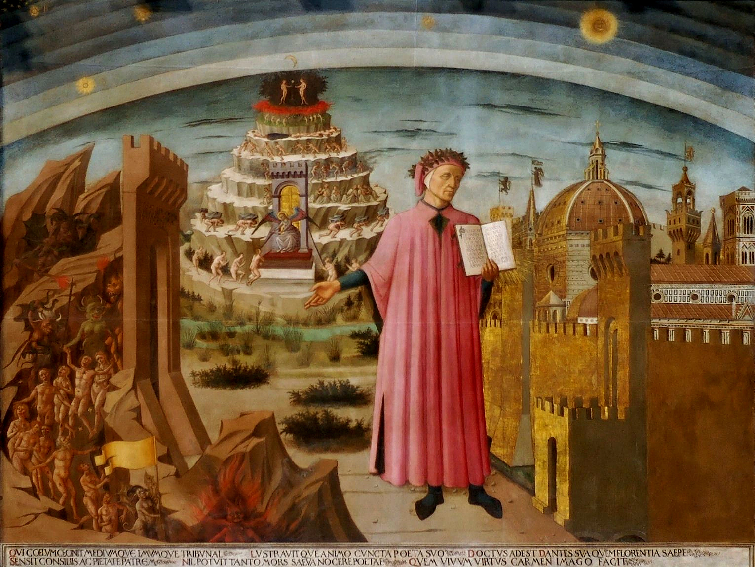 Dante y los tres reinos de la Divina Comedia, fresco de Domenico di Michelino en la catedral de Florencia