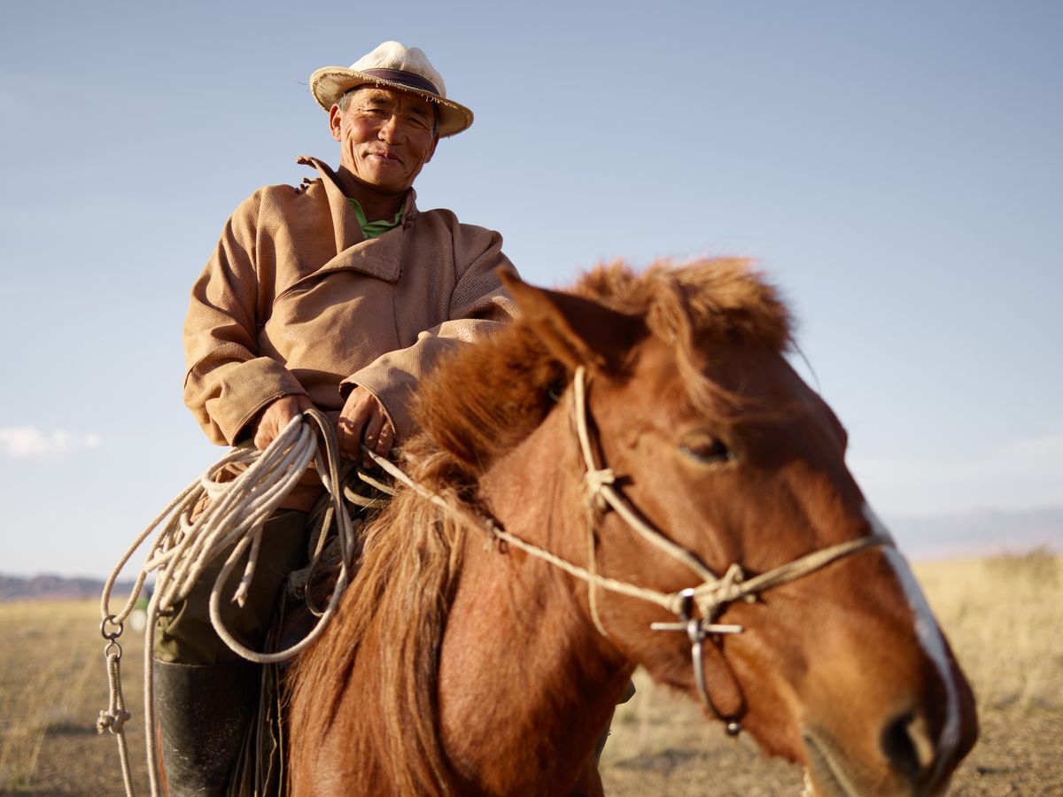 A Mongolian horseman riding across open steppe grassland