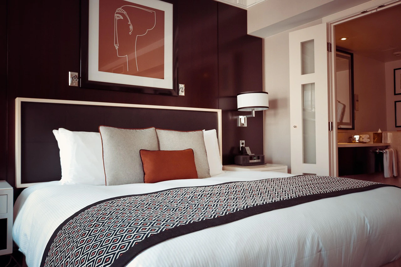 Modern hotel guest room with ambient lighting controlled over a wired automation bus