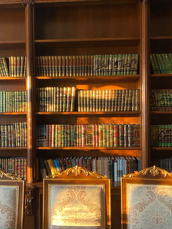 Biblioteca antigua con estanterías de madera y libros históricos encuadernados