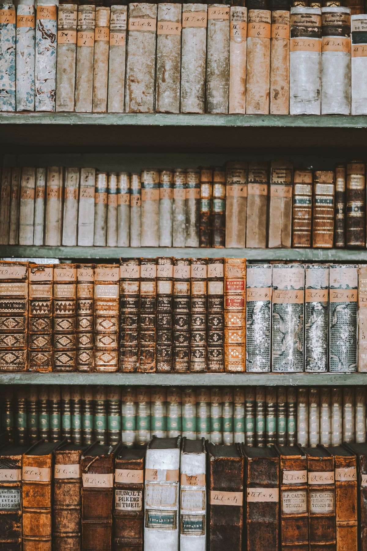 Fila de libros antiguos con encuadernaciones ornamentadas en estante