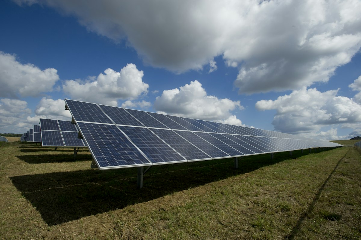 Paneles solares bajo un cielo despejado, representando los empleos verdes del sector de energías renovables