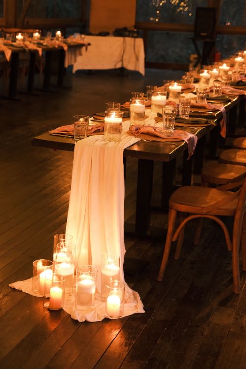 Warm candlelit wedding reception tables glowing in an intimate venue