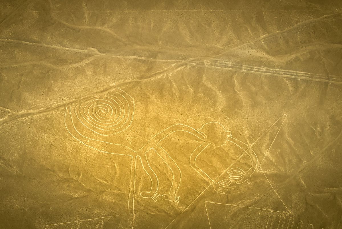 Aerial view of the Nazca Lines monkey geoglyph carved into the Peruvian desert