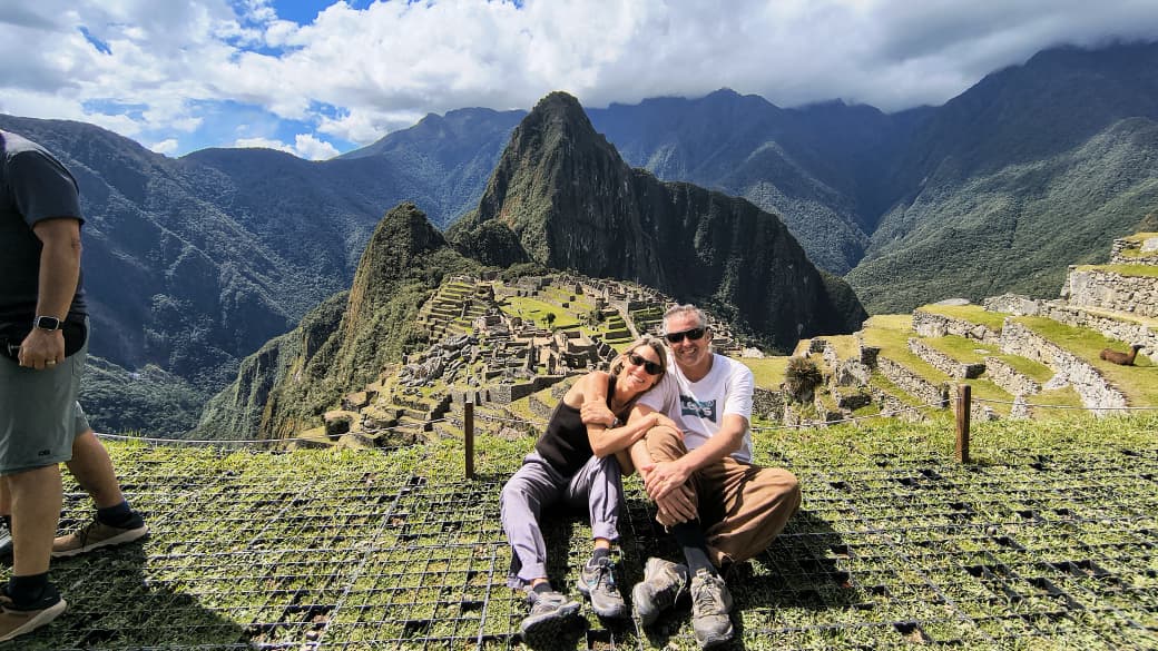 Panoramic view of the Machu Picchu citadel with Huayna Picchu in the background