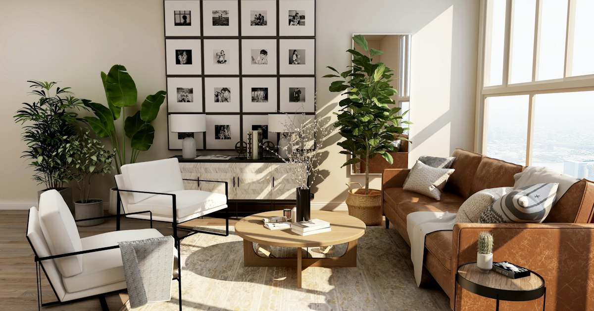Bright modern home interior with large windows and contemporary finishes
