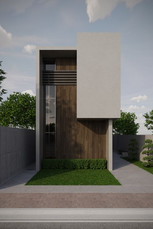 Modern house exterior in a landscaped residential community