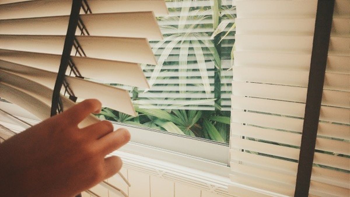 Persona ajustando una cortina roller clara junto a una ventana con vegetación afuera